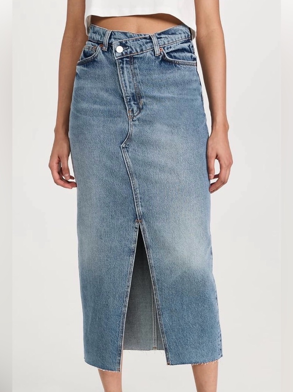 Reformation Nila Long Denim Midi Skirt with Front Slit - Blue